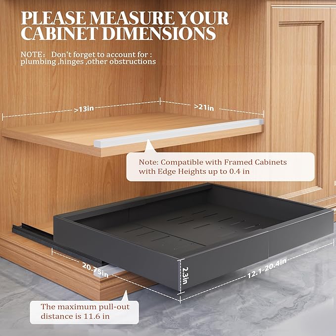 Seinloes 6 Pack Expandable Pull Out Cabinet Organizer 21"Deep With Raising Pad for Framed Cabinets,Upgrade 3 Slide Rails Slide Out Drawers,No Drill Roll Out Shelves,Adjustable Width 12.1"-20.4" Black