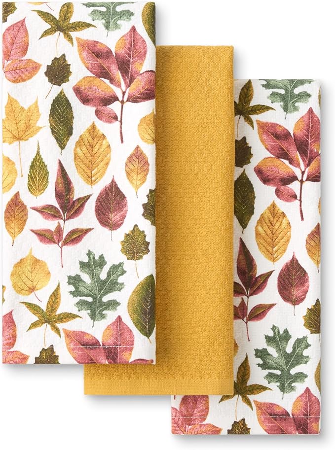 Martha Stewart Autumn Harvest Falling Leaves Kitchen Towel 3-Pack Set, 100% Cotton with Absorbent Terrycloth, Decorative Kitchen Towels, Tan/Red/Green, 16"x28"
