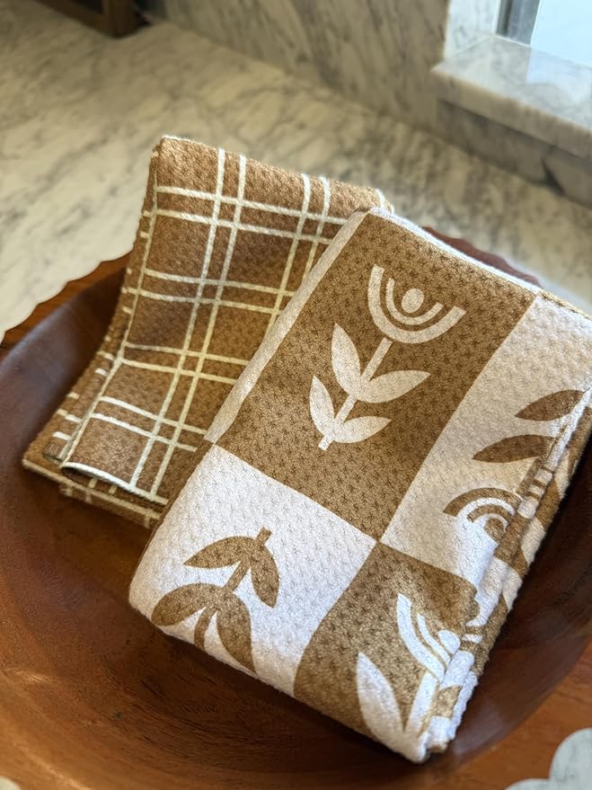 2 Pack || Double Sided|| Not Your Ordinary Kitchen Towels || Dish Towels || Quick Dry || Waffle Weave Microfiber || Designer Prints || Highly Absorbent || Hanging Hook (tan Checkered)