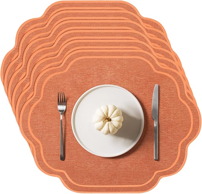 Breling 6 Pcs Wedding Placemats Scalloped Embroidered Cotton Linen Placemats 17" x 13" Double Layered Machine Washable Table Place Mat for Party Table Decor (Orange)