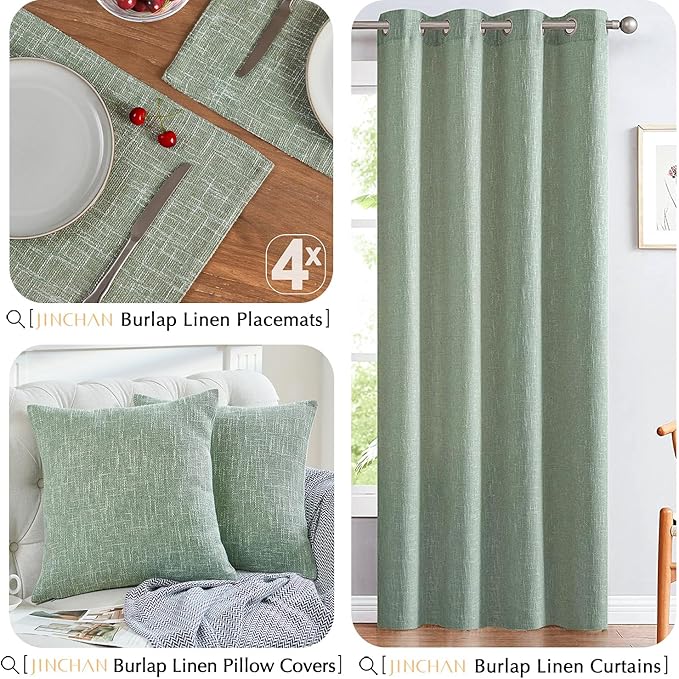 JINCHAN Burlap Textured Placemats Set of 4 Farmhouse Cloth Place Mats Table Mats Sturdy Fabric Placemats for Kitchen Dining Table Double Layer Heat Resistant Tablemats 13 x 19 Inch Green