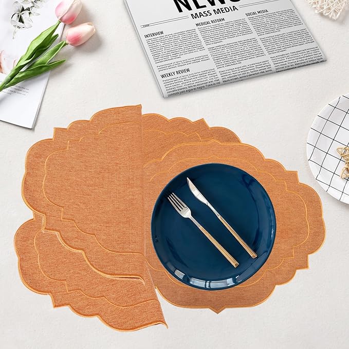 Cotton Linen Oval Placemats Set of 4, HADEEONG Table Mats Cloth Placemats, Washable Wrinkle Resistance, Scalloped & Embroidered Fabric Placemats, 17.71 x 13.77inch (Orange, 4)