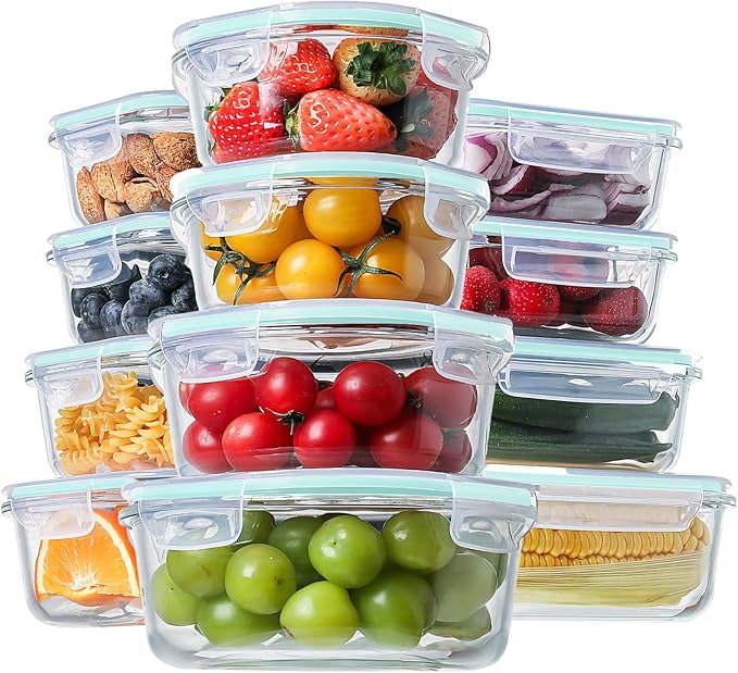 HOMBERKING 24pc Glass Food Storage Containers with Lids, Glass Meal Prep Containers, Airtight Bento Boxes, BPA Free & Leak Proof, Pantry Kitchen Storage(12 lids & 12 Containers) - Blue