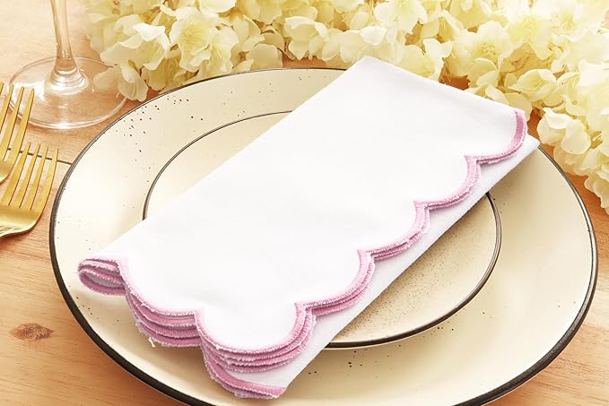 PurpleEssences Scalloped Embroidery Cloth Napkins - Spring Easter Summer - Table Decor - 100% Cotton - Set of 4-18x18 inch - White - Edges - Blush Pink