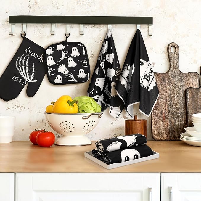 Leinuosen 8 Pcs Skull Kitchen Decor Set Kitchen Towels Gothic Oven Mitts and Pot Holders Skeleton Hand Dish Towels Horror Oven Mitts for Home Decoration Party Gifts (Vintage Color,Ghost)
