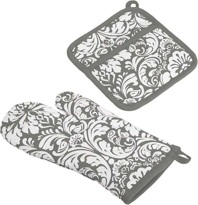 DII Quilted Kitchen Oven Mitt & Potholder Set, Hanging Loop for Convenient Storage, OM 6.5x12/PH 8x8.5, Gray Damask Print, 2 Piece