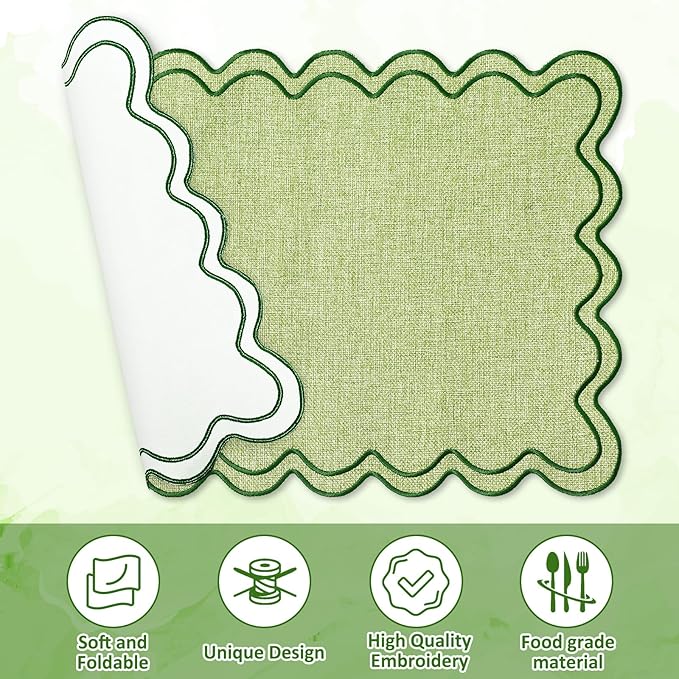 Whaline Green Placemats Embroidered Scalloped Kitchen Place Mats for Spring Baby Shower Party Home Dining Table Decor, Set of 6, 13 x 19 in