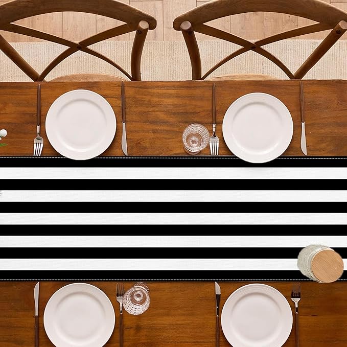 Black and White Cabana Striped Table Runner Birthday Party Decoration Baby Shower Dining Room Home Kitchen Table Decor (Black, 13" x 72")