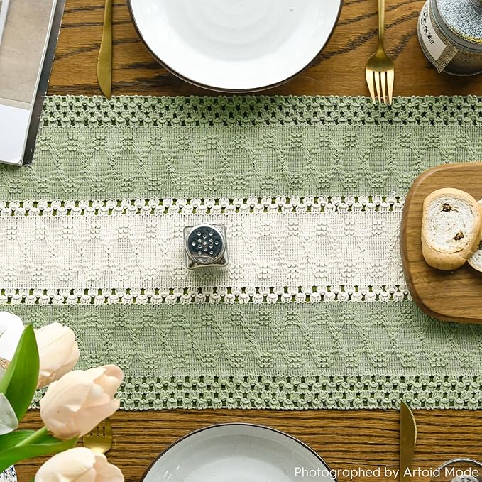 Artoid Mode Light Green Farmhouse Rustic Table Runner, Seasonal Hollow Kitchen Dining Table Decoration for Home Party Decor 12x120 Inch