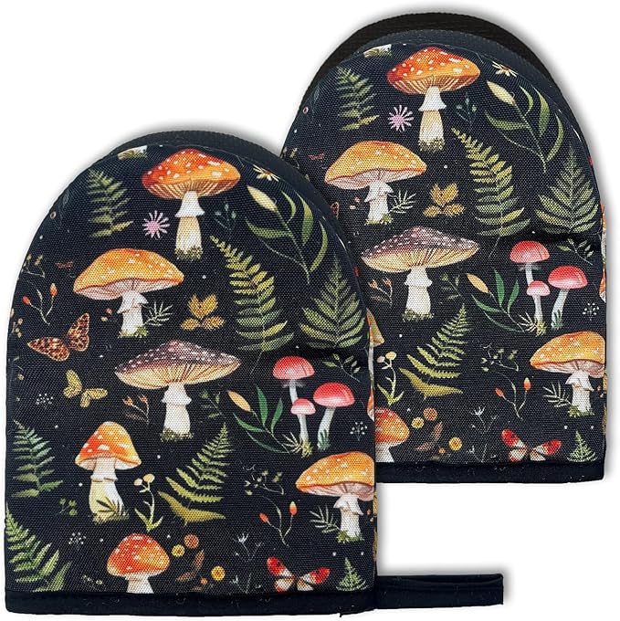 Mushroom Mini Silicone Oven Mitts 2-Pack Set, Heat Slip Resistant Kitchen Gloves, Soft Oven Mittens for Baking & Cooking