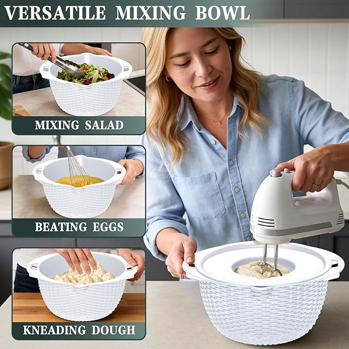 4-1 Colander with Bowl Set - Rotatable Colander for Kitchen(Patented) - Strainers and Colanders - Pasta Strainer with New Upgraded Graters for Fruit Veggie Fun Kitchen Presents - White