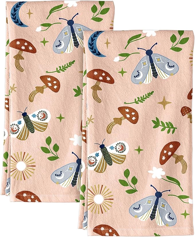 Miss Adola Flour Sack Kitchen Towels - Set of 2 Cotton Dish Towels with Hanging Loop Decorative 18x26 Inch Absorbent Cute Design for Housewarming Gifts, Mushroom