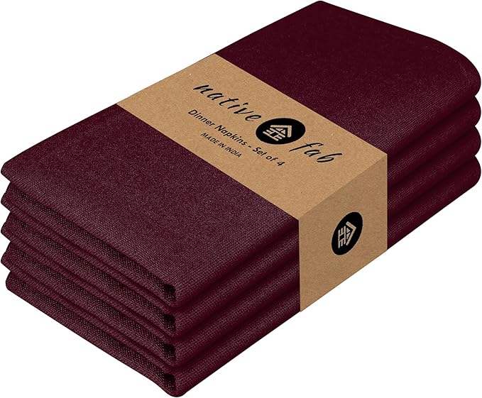 Native Fab Cloth Napkins Set of 4, 100% Cotton, Washable, Reusable Dinner Cloth Napkin 17x17 inches, Table Linen Decor for Dinner, Celebrations, Wedding, Events, Burgundy