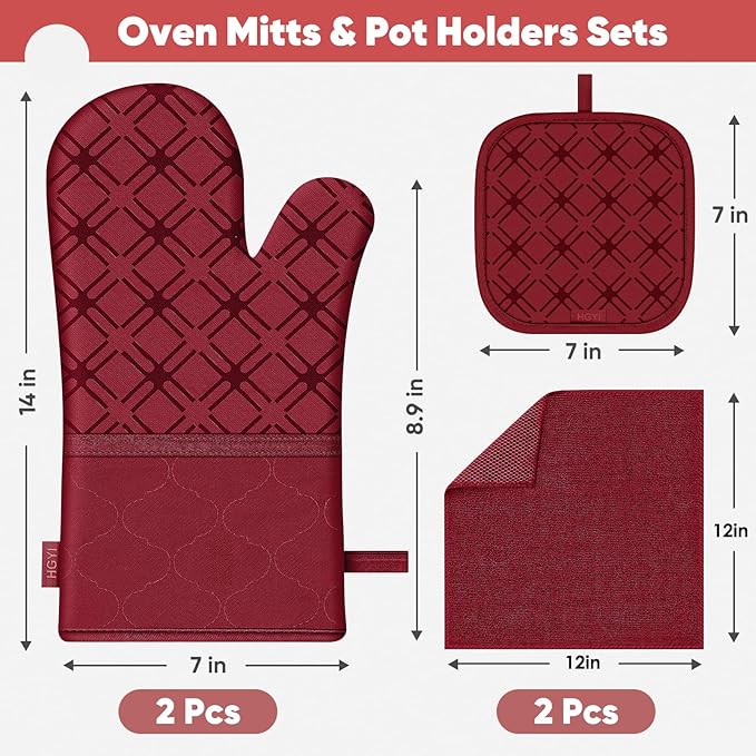 Oven Mitts and Pot Holders Set with Dishcloths, 500 Degree Heat Resistant Oven Gloves and Hot Pads, Premium Soft Cotton Kitchen Mittens and Dish Cloth Sets-Red