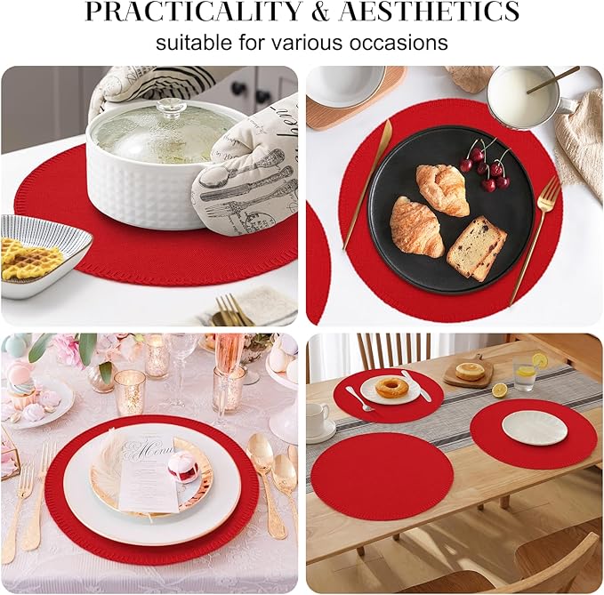 Round Placemats Set of 6, 15 Inch Linen Fabric Table Placemats, Heat Resistant, Wrinkle Free Washable Placemats Kitchen Place Mats Set of 6 for Dining Table Party Table (Red, 6)