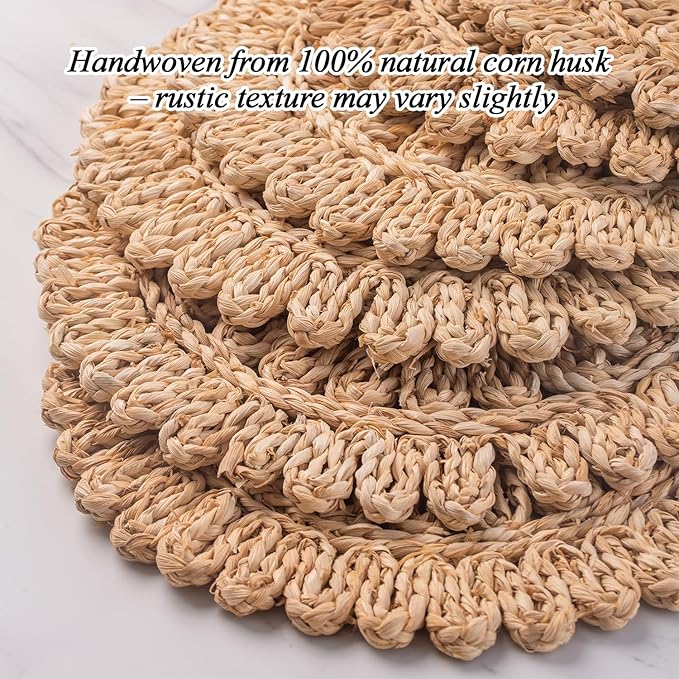 Laquedecraft 13.8" Set of 4 Round Corn Husk Placemats | Boho Woven Rattan Table Mats | Farmhouse Wicker Spring Plate Chargers, Seagrass for Wedding, Party, Christmas, Events