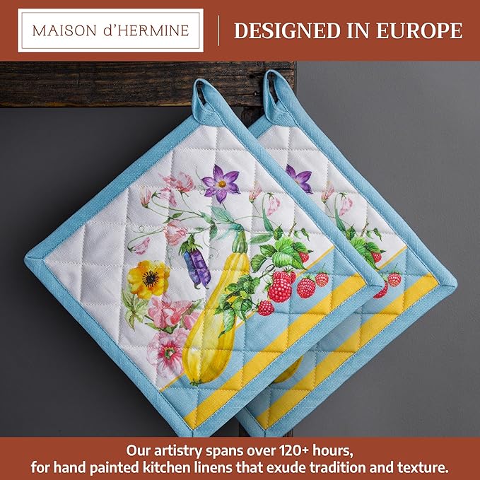 Maison d' Hermine Pot Holders 100% Cotton Heat Resistant Potholders 8" x 8" Hot Pads with Loop BBQ Cooking Baking Gifts for Mothers Day Handling Hot Pans Spring/Summer (Pack of 2, Giverny)