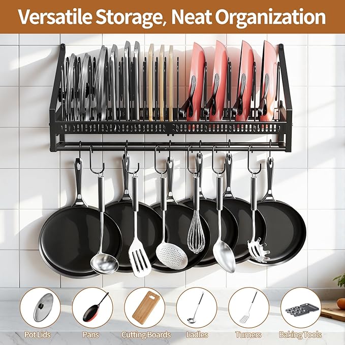 Housolution Pan Rack Wall Mounted, 24.8" Vertical Lid Organizer with 14 Adjustable Dividers, Heavy Duty Hanging Cookware Holder Hanger with 6 S-Hooks & 6 Vertical Hooks
