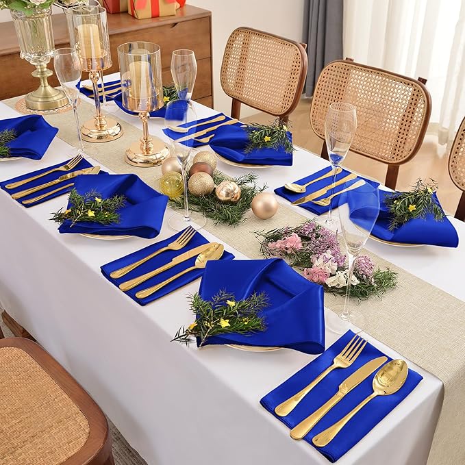 12 Pieces Royal Blue Satin Napkins, 17" x 17" Square Table Napkins, Silky Soft Smooth Washable Napkins for Restaurant, Weddings, Dinner, Party Decoration