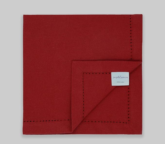 PurpleEssences Set of 12 Hemstitch Cloth Dinner Napkins 100% Cotton - Soft Durable Washable - Ideal for Wedding Spring Easter Summer - Perfect Everyday Use Table Linen 18x18 - Red