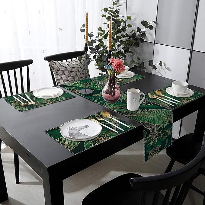 ArtSocket Palm Leaves Table Runner and Placemats Set of 6, Luxury Geometric Green Gold line Modern Tropical Dining Decor for Daily Use(1 Table Runner 72 inches Long and 6 Placemats)