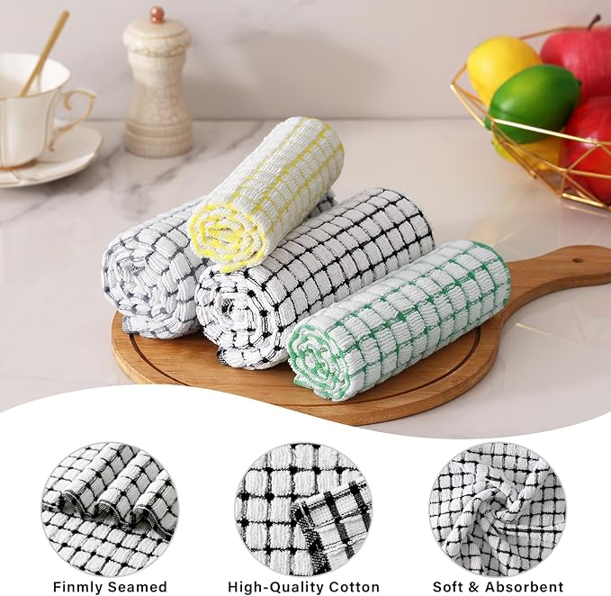 Homaxy Kitchen Towels and Dishcloths Set, 16 x 25 and 12 x 12 Inches, Set of 8 Cotton Terry Kitchen Dish Towels, Super Soft and Absorbent Dish Cloths, Black/Grey/Yellow/Green