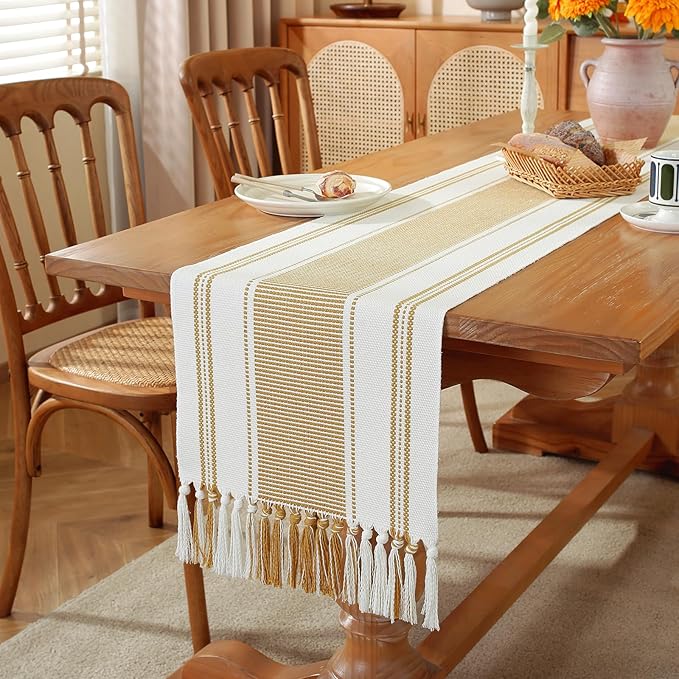 Niviy Gold Table Runner with Tassels, 72 Inches Long Farmhouse Macrame Cotton Linen Woven Runners for Summer Home Decor, Gold Table Decorations for Event Party, Christmas (Yellow, 12"×72")