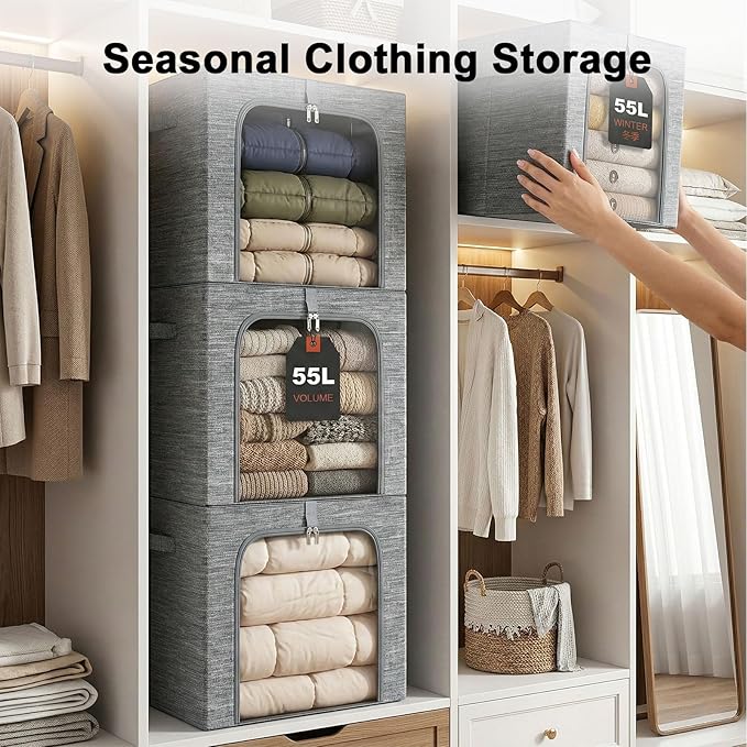 GoMaihe Clothes Storage Bins Metal Frame: 55L Extra Large Stackable Closet Storage Bin with Lid & Clear Window, Heavy Duty Blanket Box for Winter Coats Comforters (Fits Deep Closet 6-Pack)