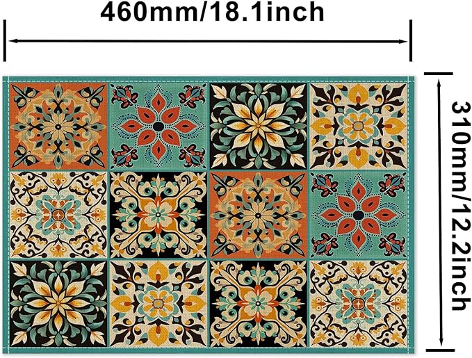 HOMETITUTE Placemats Set of 4 Linen 12x18 Inch Washable Table Mats Colorful Vintage Pattern Place Mats Farmhouse Style Autumn Placemats Kitchen Dining Table Decor