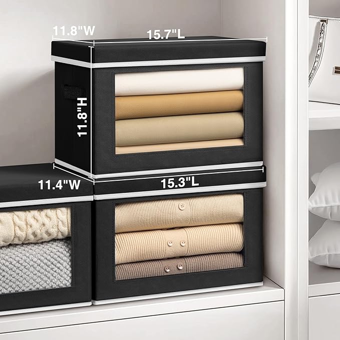 Homsorout Storage Bins with Lids, 4 Pack Large Storage Cubes with Window, Closet Bins with Lids & Handles, Fabric Box for Organizing Clothes, Towels, Books, Black