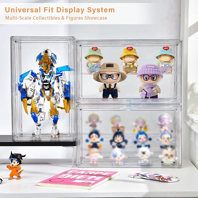 Freebat Clear Acrylic Display Case for Collectibles - 3-Tier Adjustable Figure Display with Magnetic Door & Removable Shelves,Stackable Dispaly box for Figures - 2 Pack