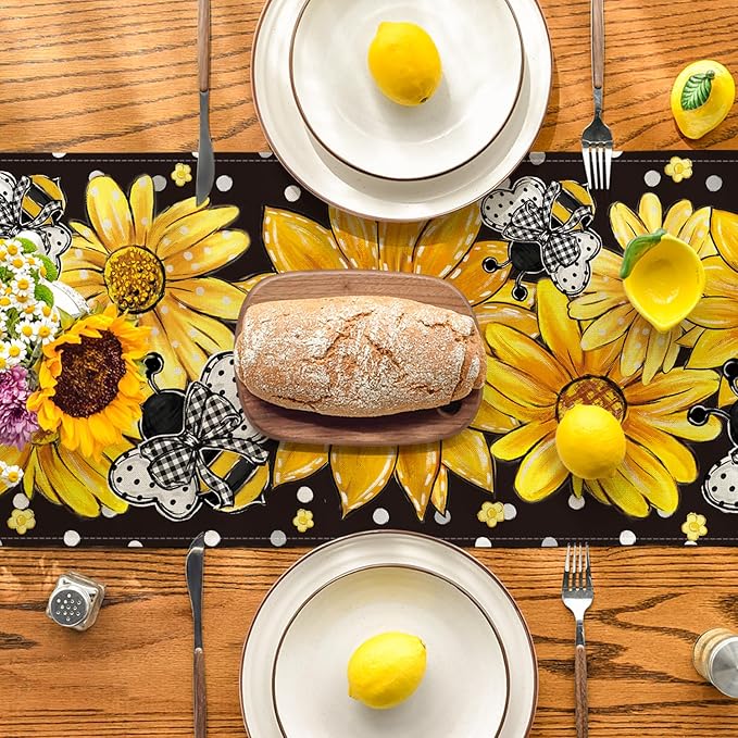 Artoid Mode Black Sunflower Bee Flower Polka Dot Summer Table Runner, Seasonal Kitchen Dining Table Decoration for Indoor Party Home 13x72 Inch