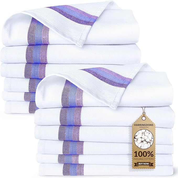 Harringdons 100% Cotton Kitchen Towels, Highly Absorbent Dish Towels for Kitchen with Hanging Loop, Large 20"x28" Washable Towels, Blue Shades, 12 Pack