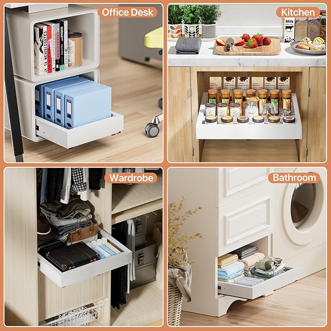 2 Pack Pull out Cabinet Organizer, Width (10"-16") Depth (17"-25"), with 3 Rails Adjustable Slide, Expandable Pullout Drawers for Cabinets, No Drill Adhesive Kitchen Drawers for Pantry Shelves
