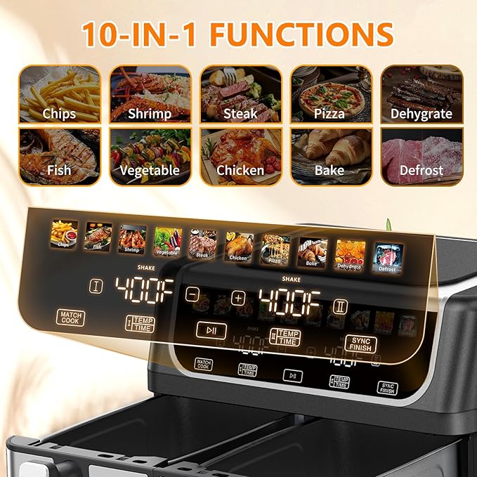 OLIXIS Dual Basket Air Fryer, 9.5 Quart Large Air Fryer with Double Basket, Independent TEMP Control, Sync Setting, Shake Reminder, 10 Presets for Bake, Broil, Defrost, Dehydrate, Black