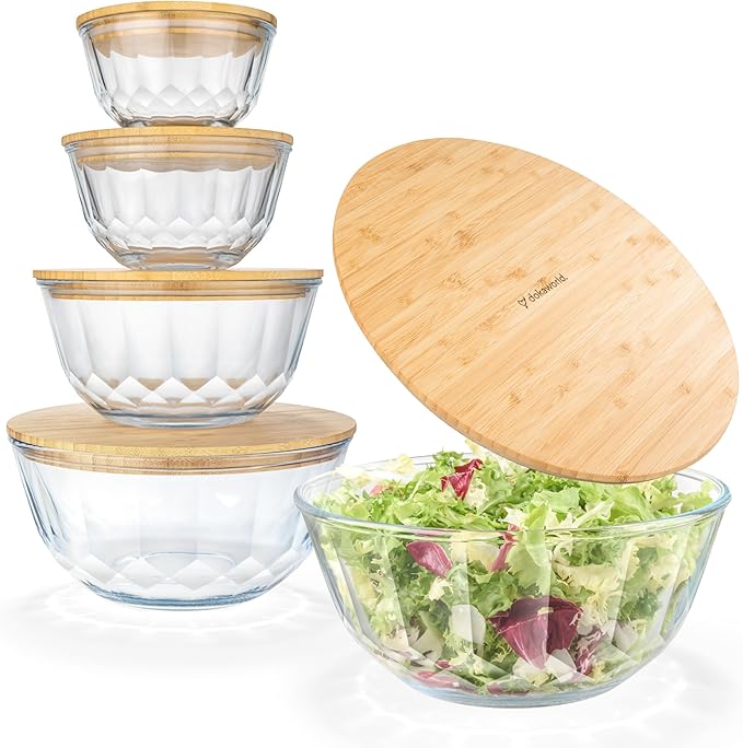 Large Stackable Set of 5 Nesting Glass Bowls with Bamboo Lids for Foodprep, Storage, Baking, Sourdough Mixing & Cooking. Microwave & Oven Safe Heat Resistant Inert Borosilicate Glass