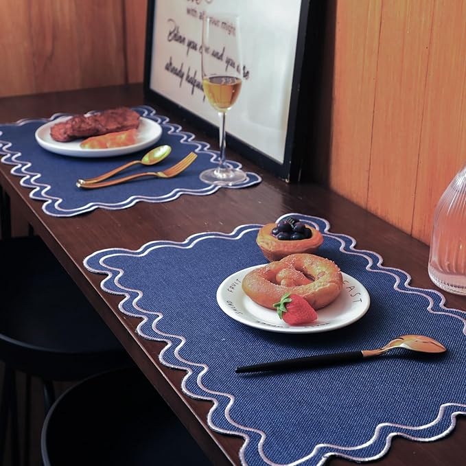 HunnmingRe Set of 6 Cotton Linen Placemats, 13x19 Inch Scalloped Wavy Embroidery Placemat Double Layered Washable Rustic Rectangle Dinner Table Mats for Wedding Home Decor(Navy Blue with White)