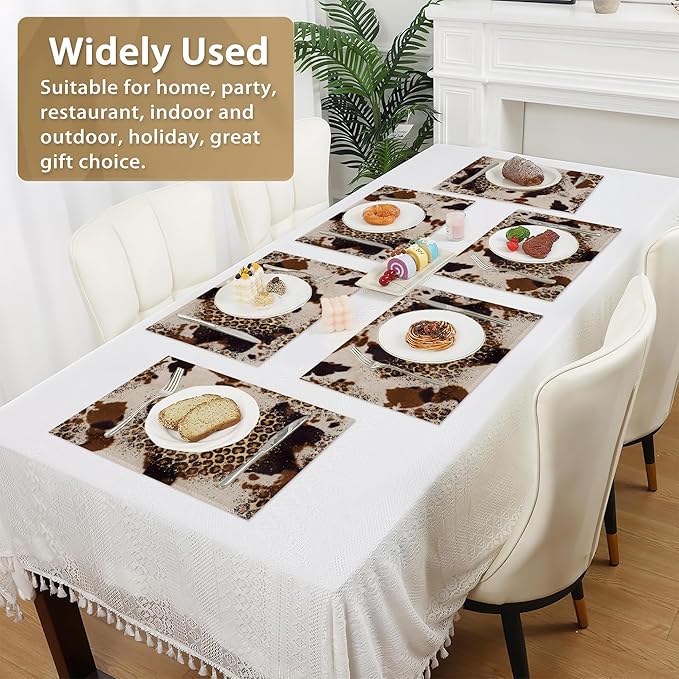 Cowhide with Glitter Leopard Print Place Mats Set of 6, Table Mats,Heat Insulation Non Slip Washable Dining Placemats for Wedding Holiday Party Kitchen Decor 12X18 in