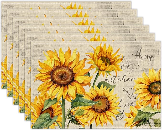 Sunflower Placemats Set of 6, Spring Summer Sunshine Table Mats 12x18 Inch, Farmhouse Washable Table Decor for Kitchen Dining Indoor Outdoor Party Holiday