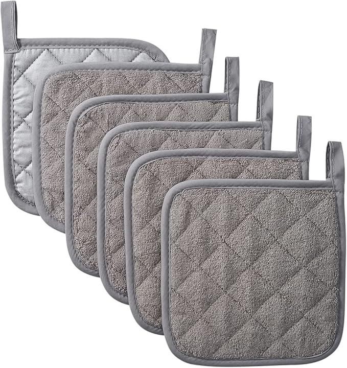Kitchen Pot Holders Set Heat Resistant Pure Cotton Potholders Kit Trivets Large Coasters Hot Pads Terry Pot Holders for Everyday Cooking and Baking by 7 x 7 Inch Set of 6 Grey