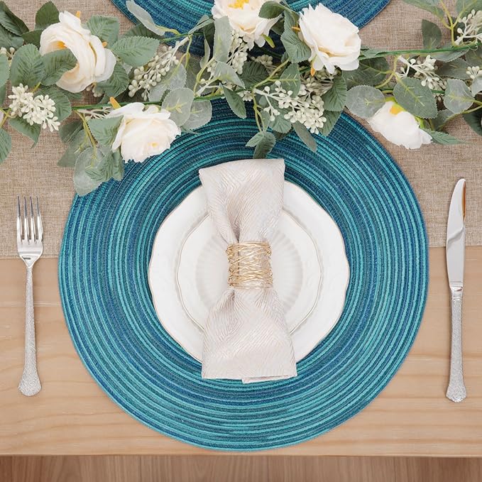 SHACOS 15 inch Round Placemats Set of 6 Variegated Multicolor Place Mats Cotton Polyester Braided Non Slip Washable Heat Resistant Table Mats for Home Wedding Dinner Party Table Decor, Rainbow Teal