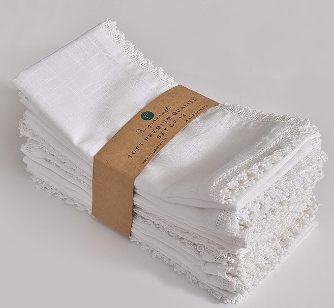 FINGERCRAFT Dinner Cloth Napkin Cotton Linen 12 Pack Vintage Rustic Premium Quality Mitered Corners Napkin Cloth with Elegant Lace for Everyday Use Pre Shrunk and Good Absorbency 20x20 in White