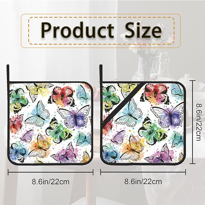 Butterfly Color Pot Holder Set of 2,Heat Resistant Potholders Oven Hot Pads for Kitchen Cooking Baking BBQ