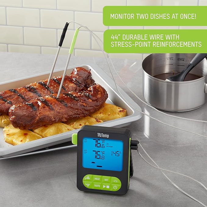 Taylor TruTemp Dual Probe Wired Programmable Meat and Food Thermometer, Digital for Cooking, Monitor Two Dishes with Two Probes for Baking, Grilling, and Roasting, User-Friendly, Backlit, Green