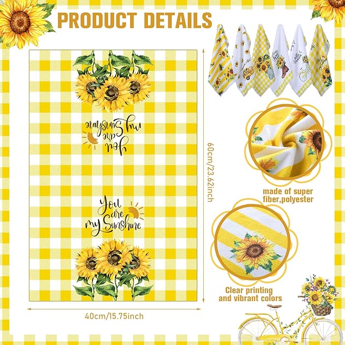 Oudain 6 Pcs Sunflower Kitchen Dish Towels Sunflower Absorbent Tea Towels Reusable Fast Drying Cleaning Dishcloths for Summer Housewarming Gift