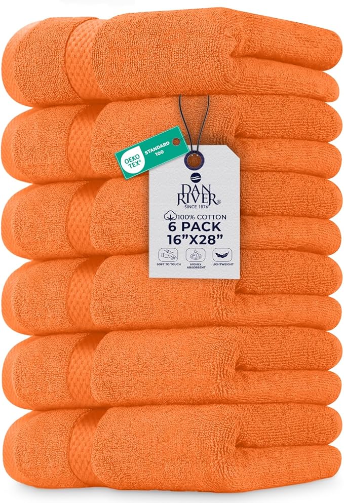 DAN RIVER 6-Pack Premium Hand Towels (16x28 Inches) - 100% Cotton, Ultra Soft, Lightweight, Highly Absorbent Towels for Bathroom, Spa, Gym, Salon, Hotel, and Travel - Orange