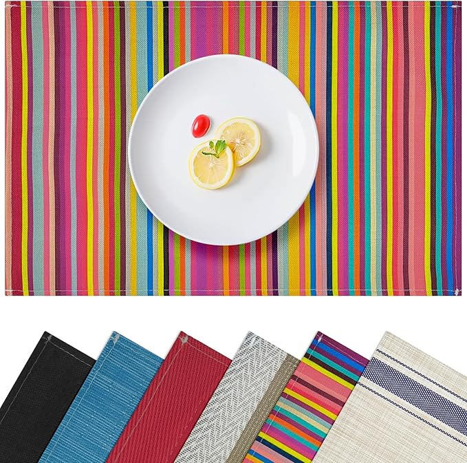 Rainbow Placemats Set of 4, 12x18 Inch Heat-Resistant Washable Easy to Clean Place Mats, Faux Linen Cloth Table Mats Suitable for Indoor/Outdoor Parties & Kitchen Decor (Rainbow)