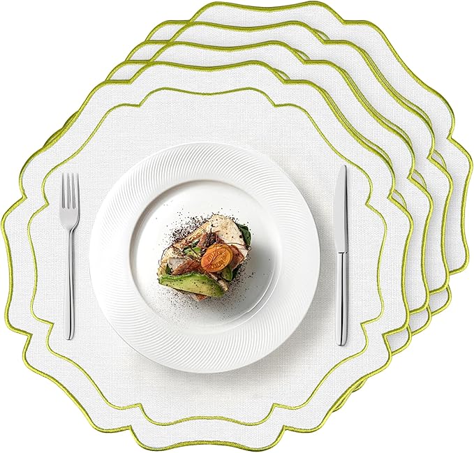 4 Sets Ribbon Twirl Cotton Linen Placemats, 15 inch Embroidery Round Cloth Table Mats with Green Scalloped Edge Washable Fabric Place Mats Flower Shape for Wedding Baby Shower Party Table Decor