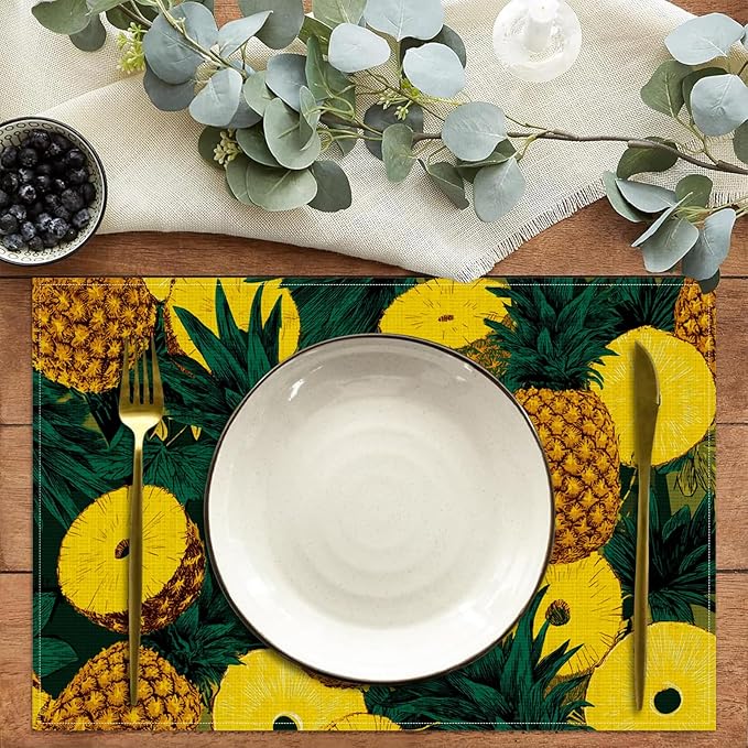 Pineapple Hawaiian Tropical Placemats Set of 6,12 x 18 Inch Table Mats Washable Heat Resistant Linen Fabric Rectangle Place Mat for Party Home Kitchen Dining