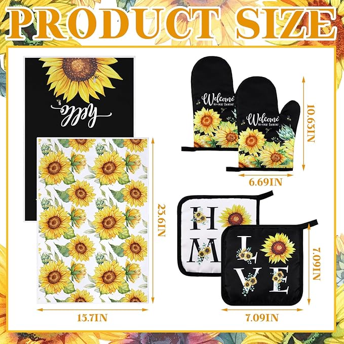 Leinuosen 6 Classic Sunflower Kitchen Towels Kitchen Decor and Accessories Set Floral Plant Oven Mitts and Pot Holders Sets Farmhouse Absorbent Dish Towels for Cooking Baking Grilling